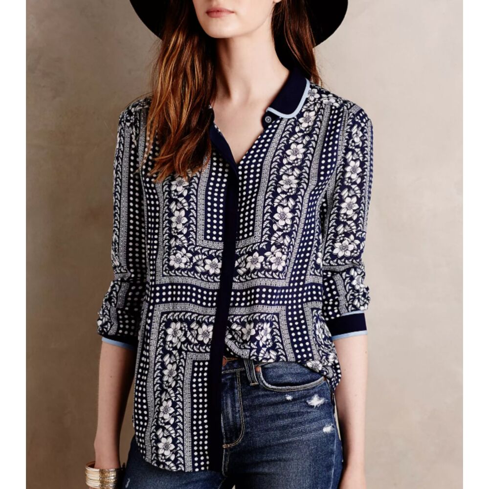 Anthropologie Navy Floral Print Long Sleeve Blouse Size 4